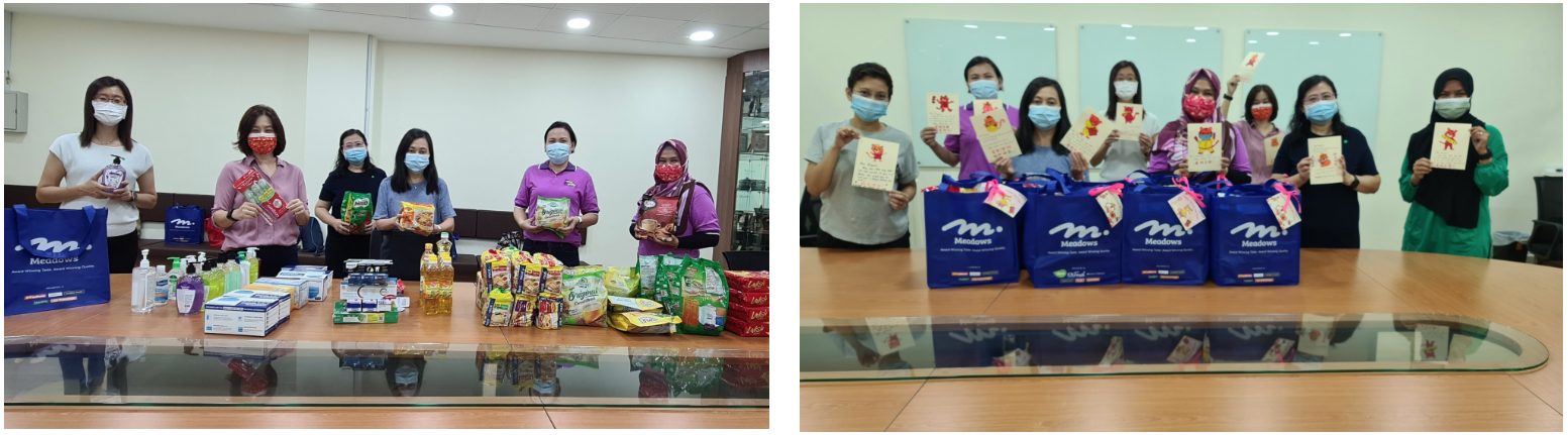 Two group photos of masked women posing with Meadows bags, groceries, and greeting cards on a conference table.